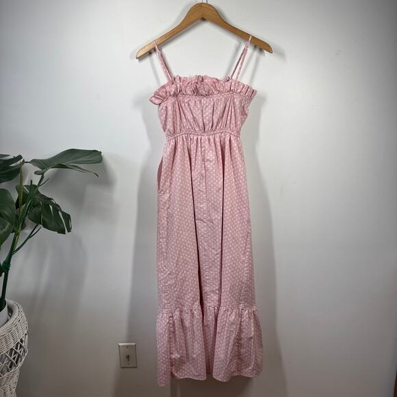 English Factory Dress XS Pink Polka Dot Cotton Pocket Ruffle Cottage Summer Prep - Picture 2 of 8